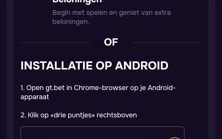Instructie Installatie op Android: gt.bet openen in Chrome voor de GTbet-app