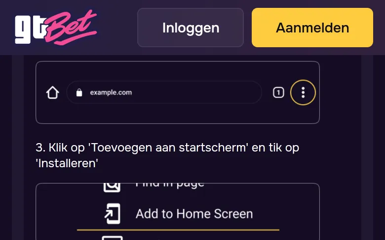 Drie puntjes rechtsboven in de adresbalk van Chrome bij GTBet downloaden