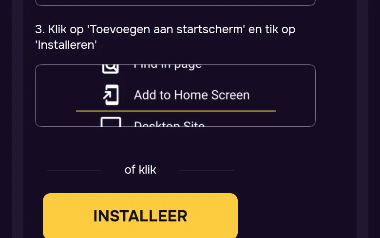 Toevoegen aan startscherm in het Chrome-menu voor de GTbet-casino-app