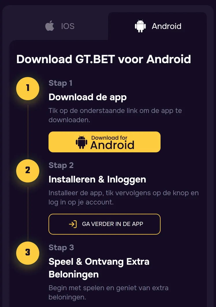 Download GT.BET voor Android: tabbladen iOS en Android met drie stappen