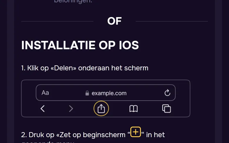 Knop Delen onderaan in Safari bij de installatie van de GTbet-app op iOS
