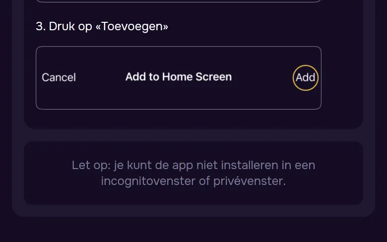 Toevoegen bevestigen in Safari, het GTbet-icoon komt op het beginscherm