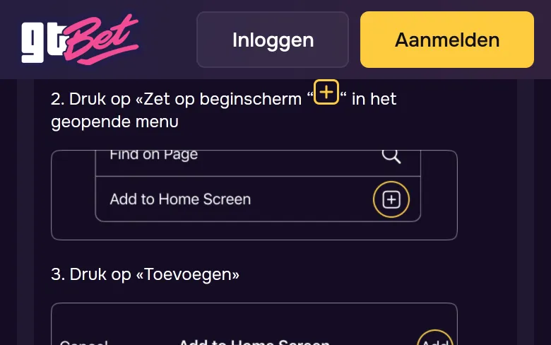 Zet op beginscherm in het deelmenu van Safari voor GTbet mobiel casino