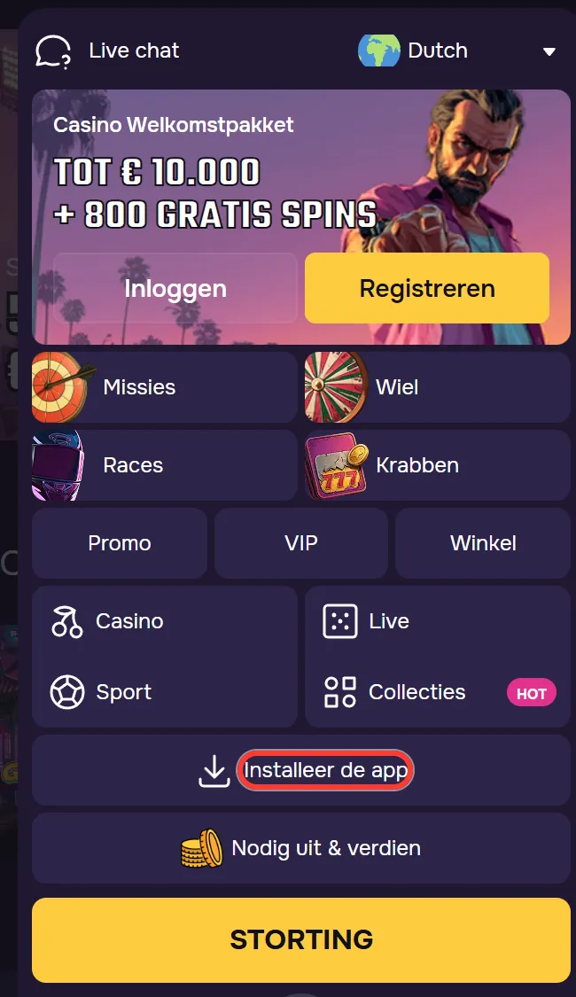 Menu van het GTbet mobiel casino met de knop Installeer de app