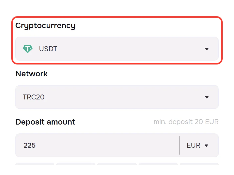 GTbet crypto storting: munt USDT en netwerk TRC20 kiezen, bedrag in euro