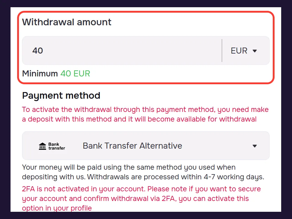 Withdrawal amount in de GTbet-kassa, minimum 40 EUR voor een uitbetaling