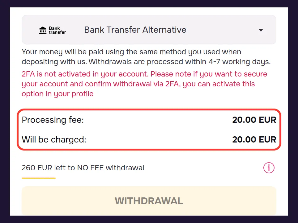 Processing fee van 20 EUR bij een GTbet opname onder de 300 euro