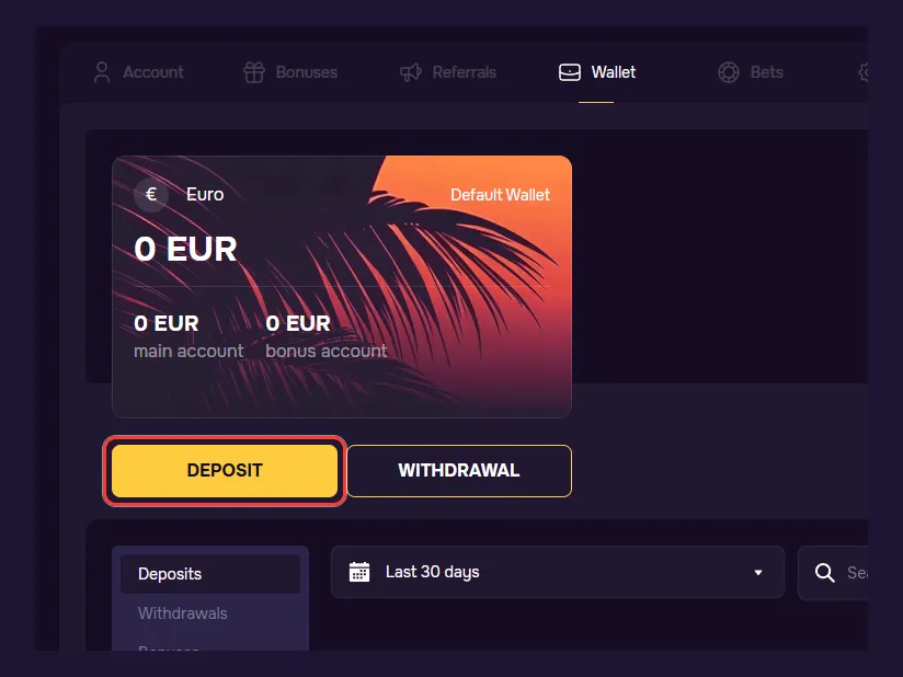Wallet in je GTbet-account met de knop DEPOSIT voor een storting