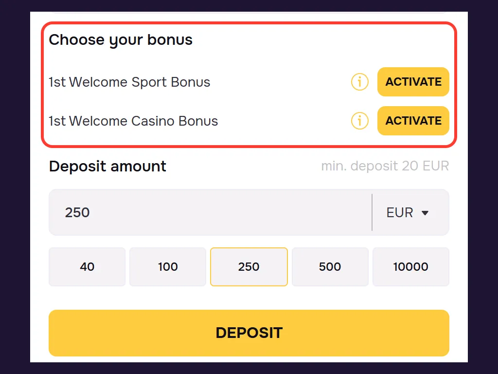 Choose your bonus in het stortingsformulier van GTbet, casino of sport