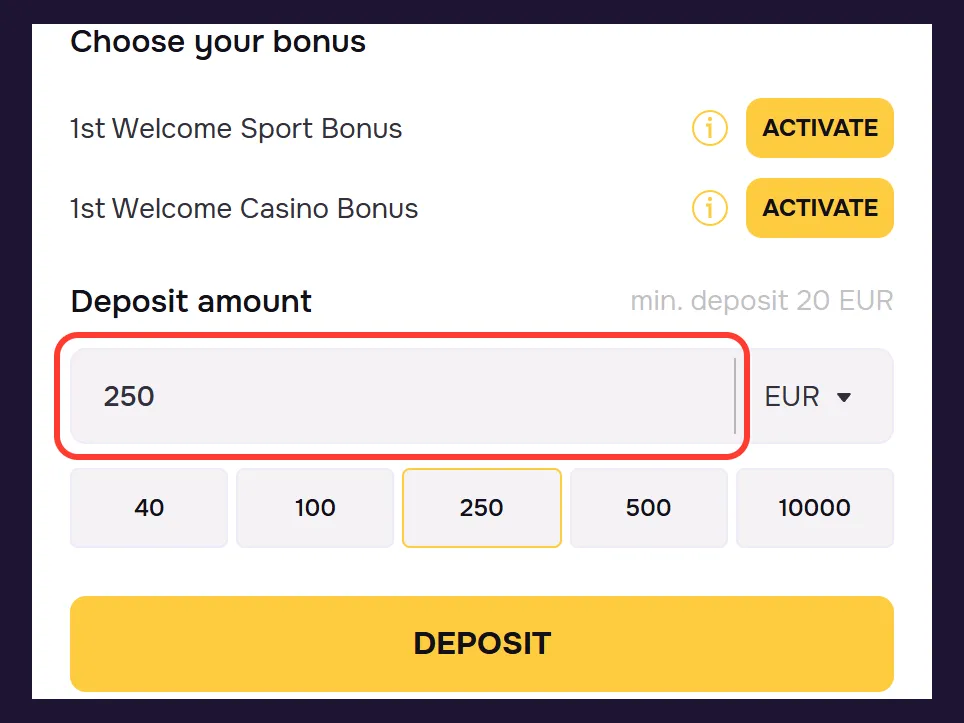 Stortingsbedrag invullen bij GTbet, min. deposit 20 EUR
