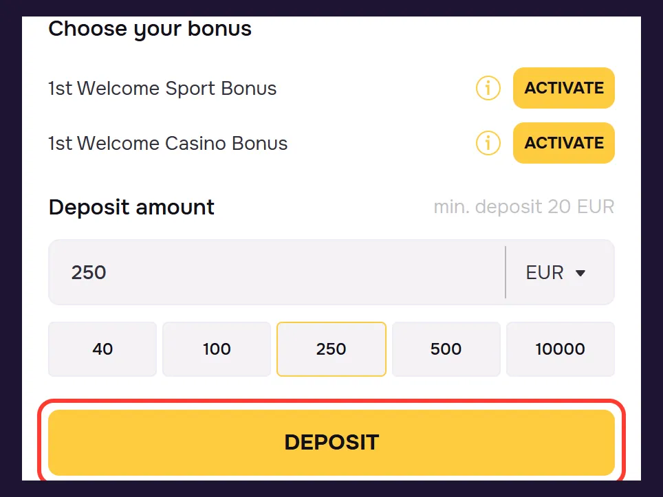 Knop DEPOSIT om je GTbet betaling af te ronden