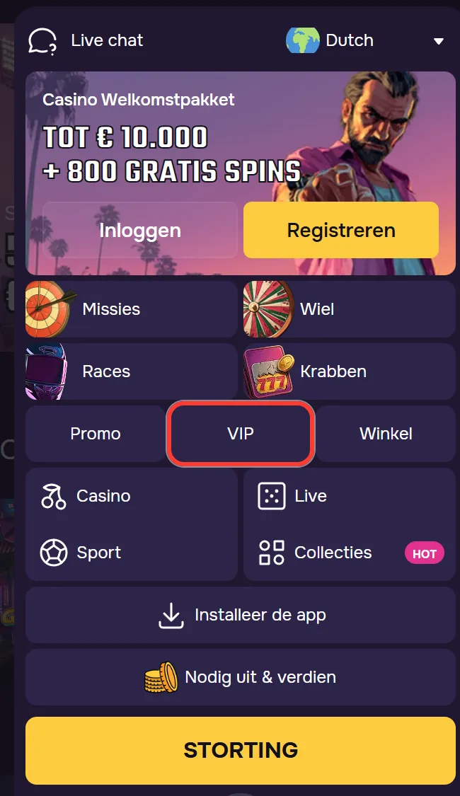 Menu van GTbet met het tabblad VIP voor je VIP-niveau