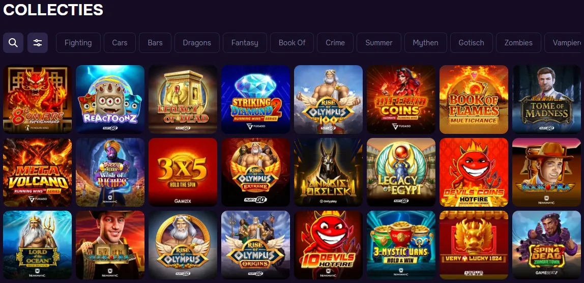 Pagina Collecties van GTbet casino met de tabbladen Fighting, Cars, Bars, Dragons en Fantasy
