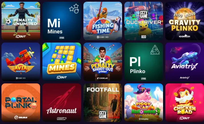 Vak Direct in de lobby van het GTbet online casino met Penalty Unlimited, Mines, Fishing Time en Gravity Plinko