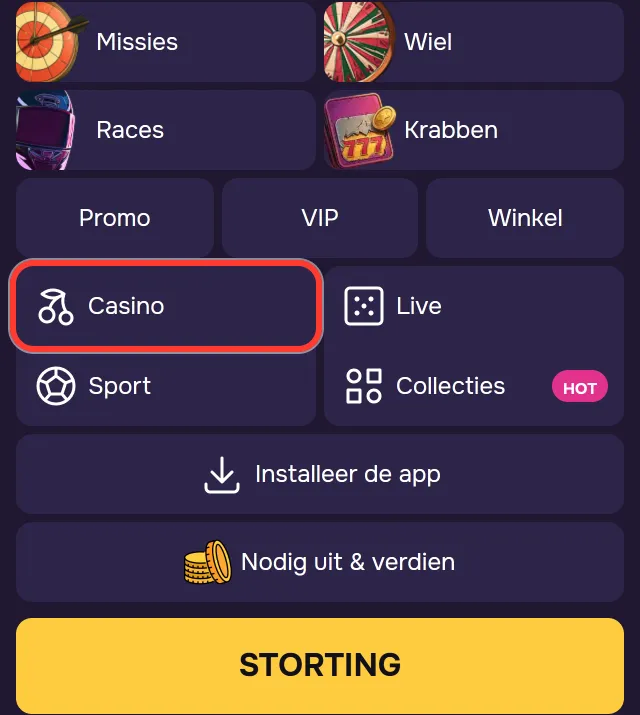 Menu op de telefoon met Casino, Live, Collecties HOT en STORTING