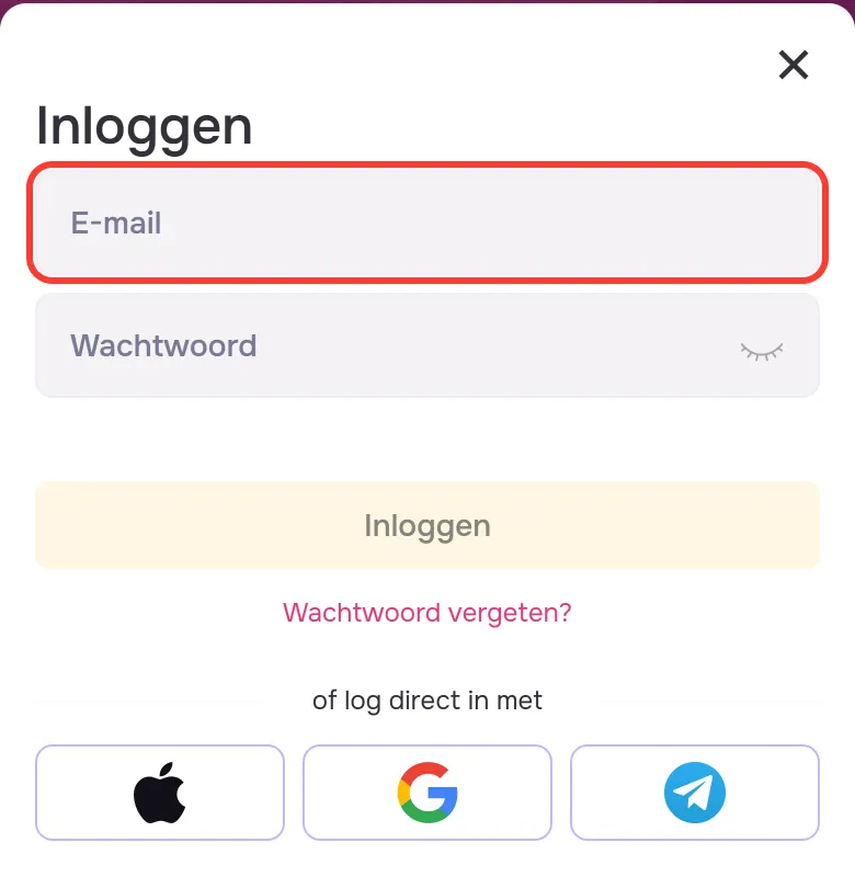 GTbet inloggen: het veld E-mail in het venster Inloggen