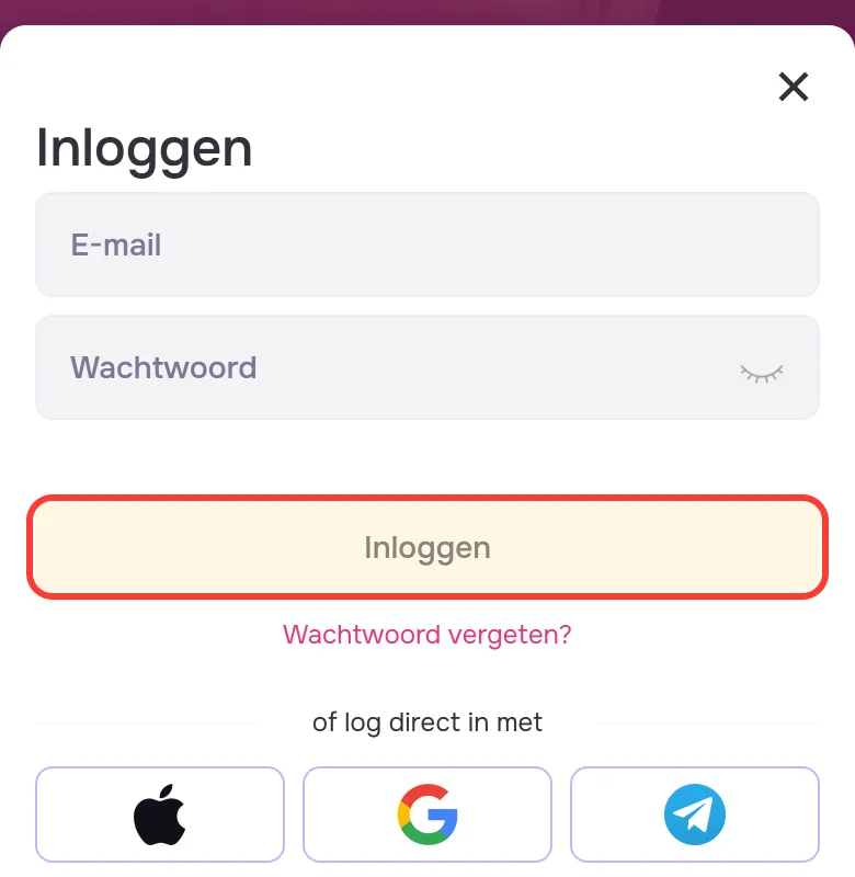 De knop INLOGGEN onder de velden E-mail en Wachtwoord bij GTbet
