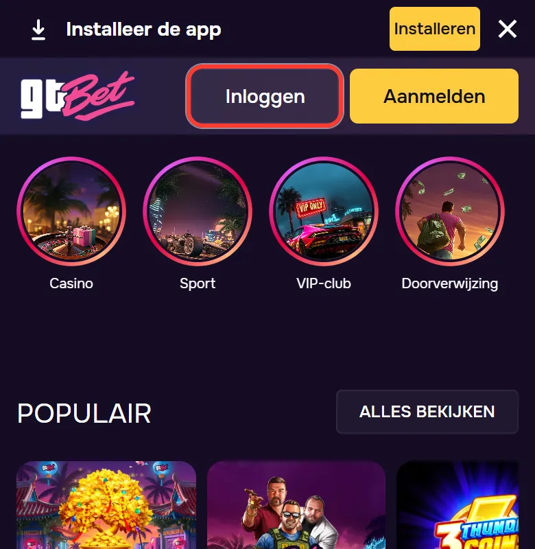 GTbet casino inloggen op mobiel: de knop Inloggen naast Aanmelden in de kopbalk