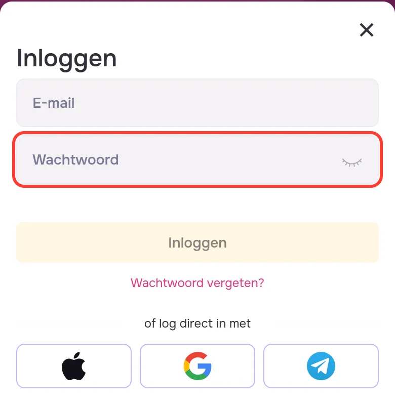GTbet casino inloggen: het veld Wachtwoord in het venster Inloggen