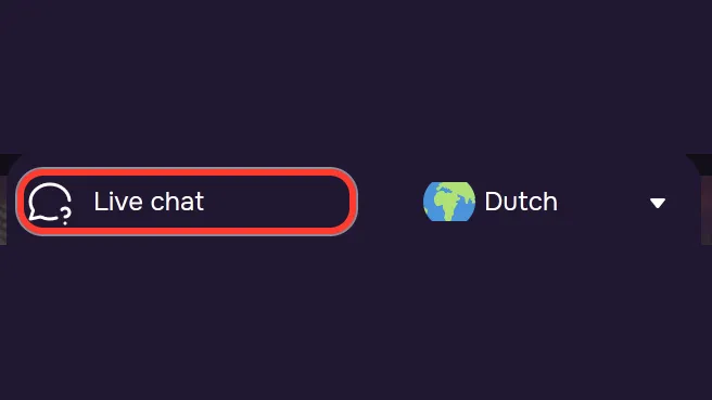 Live chat bovenaan in het menu van GTbet, naast de taalkeuze Dutch