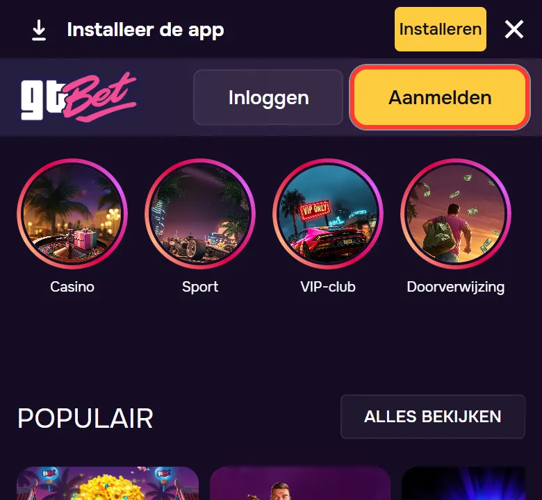 GTbet registreren op je mobiel: de gele knop Aanmelden rechts in de kopbalk