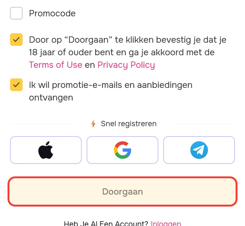 Knop Doorgaan in het aanmeldvenster van GTbet, onder Snel registreren met Apple, Google en Telegram