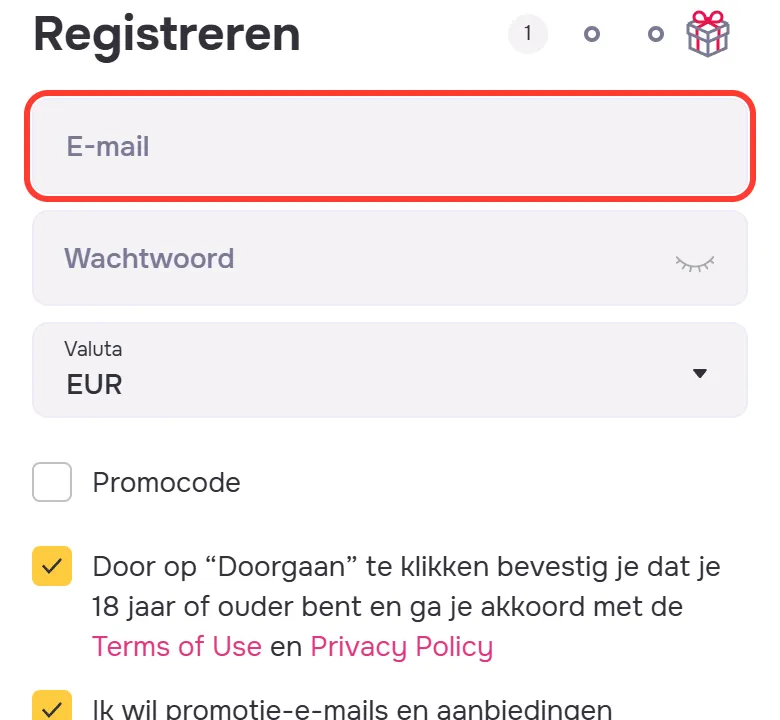 GTbet account aanmaken: het veld E-mail in het venster Registreren