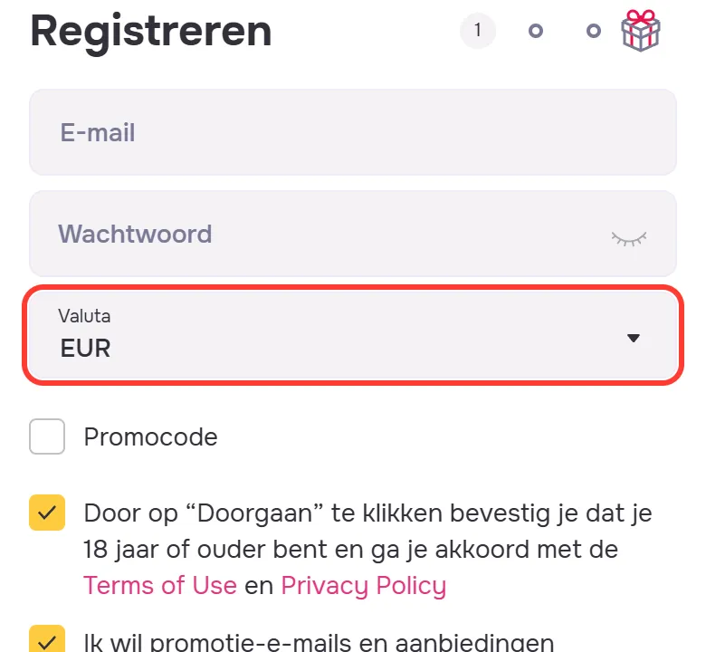 Veld Valuta met EUR onder E-mail en Wachtwoord bij het aanmaken van een GTbet-account