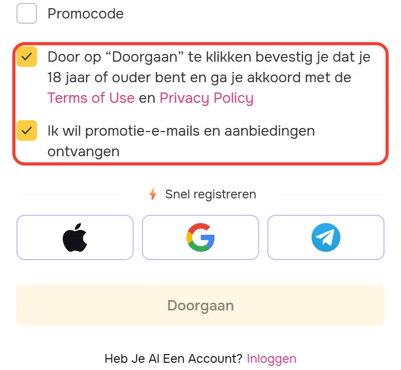 GTbet account aanmaken: vooraf aangevinkte vakjes voor 18 jaar of ouder en promotie-e-mails