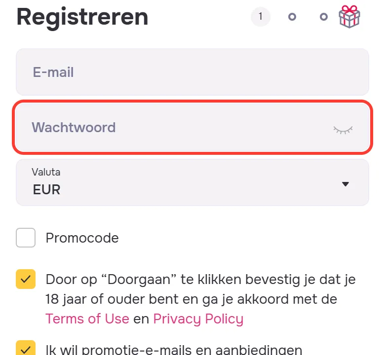 GTbet registreren: het veld Wachtwoord onder E-mail in het aanmeldvenster