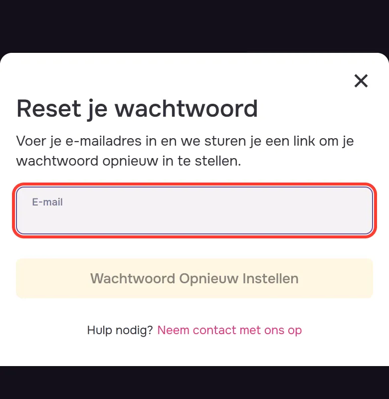 Scherm Reset je wachtwoord bij GTbet met het veld E-mail