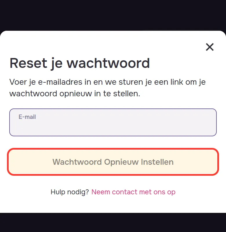 Knop Wachtwoord Opnieuw Instellen onder het veld E-mail in het resetscherm van GTbet