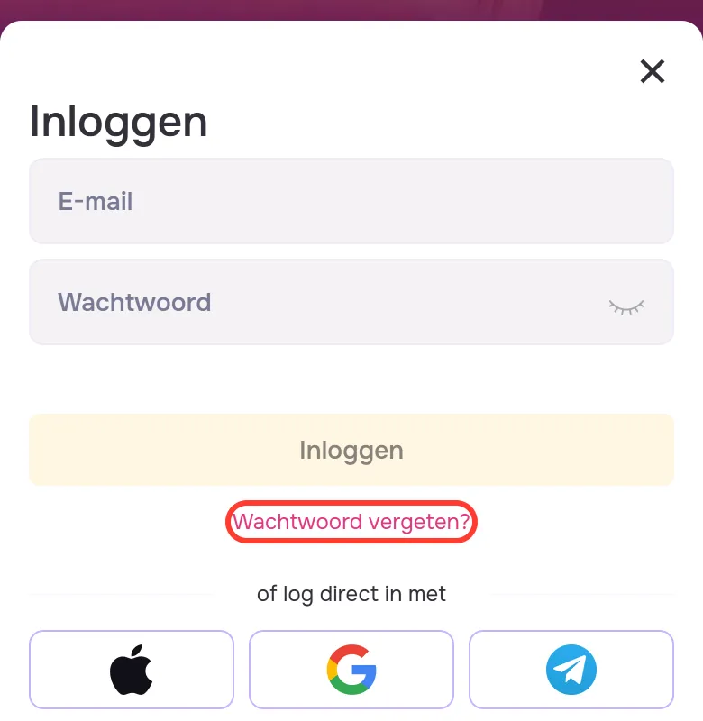 Link Wachtwoord vergeten? in het venster Inloggen van GTbet