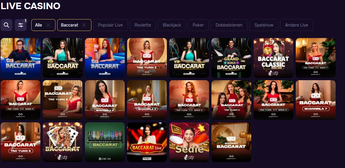 Tabblad Baccarat in het GTBet live casino met tafels van ICONIC21, Winfinity en AE Sexy