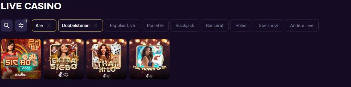 Tabblad Dobbelstenen in de live lobby met Gravity Sic Bo en Extra Sicbo