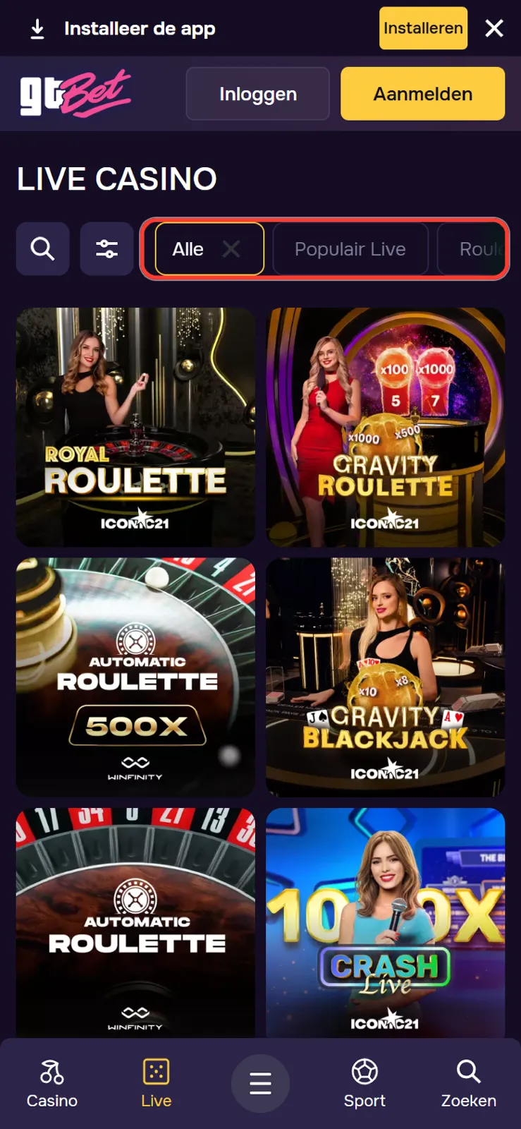 Horizontale tabbladen Alle, Populair Live en Roulette van de live lobby op een telefoon