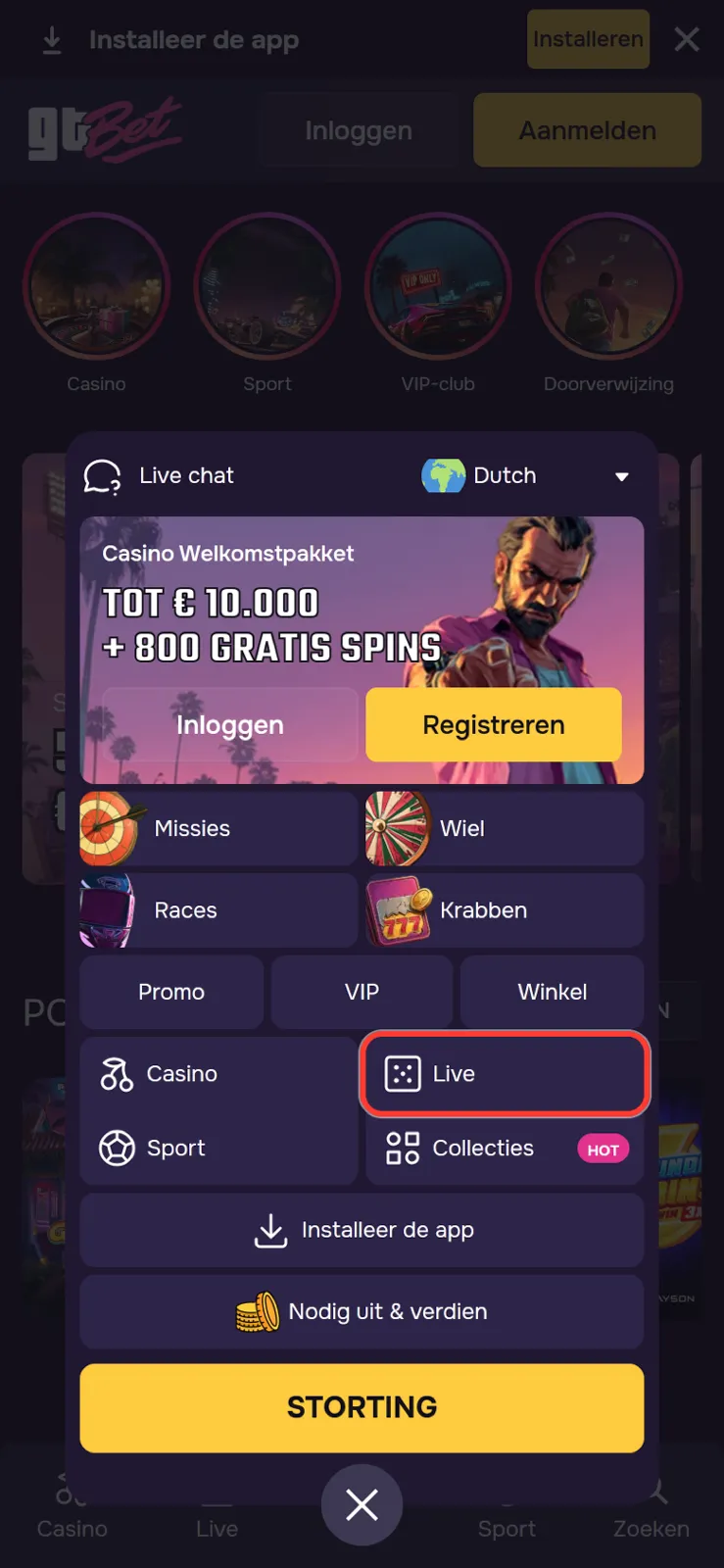 Menu van de mobiele site met de knop Live gemarkeerd voor de eerste live ronde