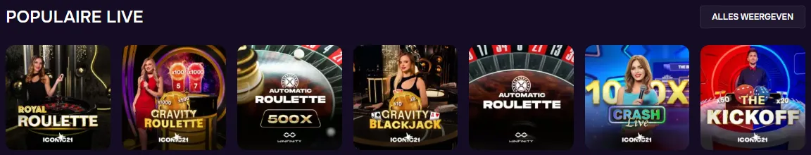 Rail Populaire Live op de startpagina van GTbet met Royal Roulette, Gravity Roulette en Crash Live