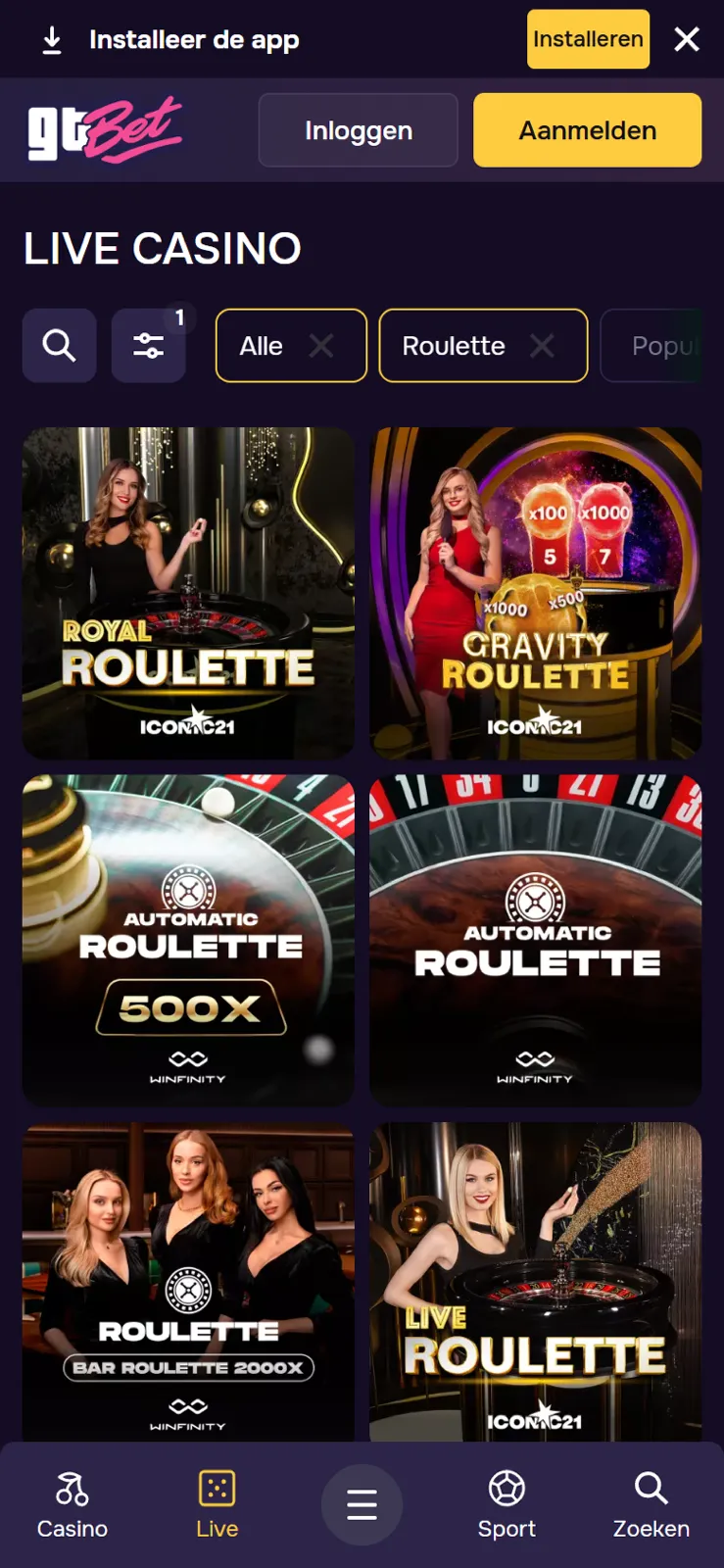 Tabblad Roulette in de GTBet live roulette lobby op een telefoon, met Royal Roulette en Gravity Roulette