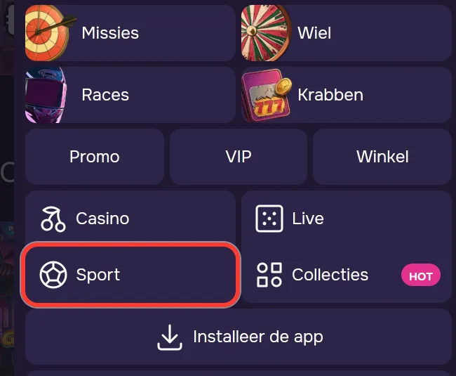 Menu van het GTbet mobiel casino met de knop Sport naast Casino, Live en Collecties